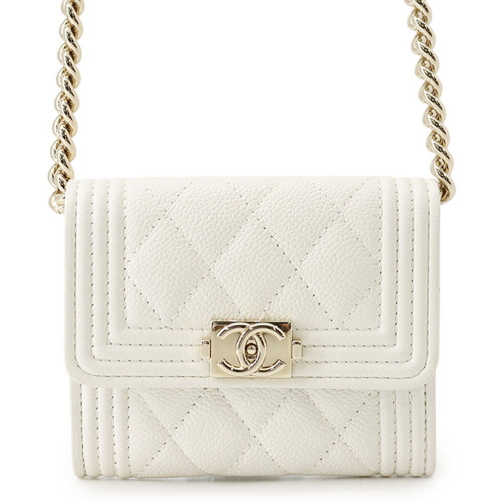 CHANEL White Caviar Leather Logo Wallet